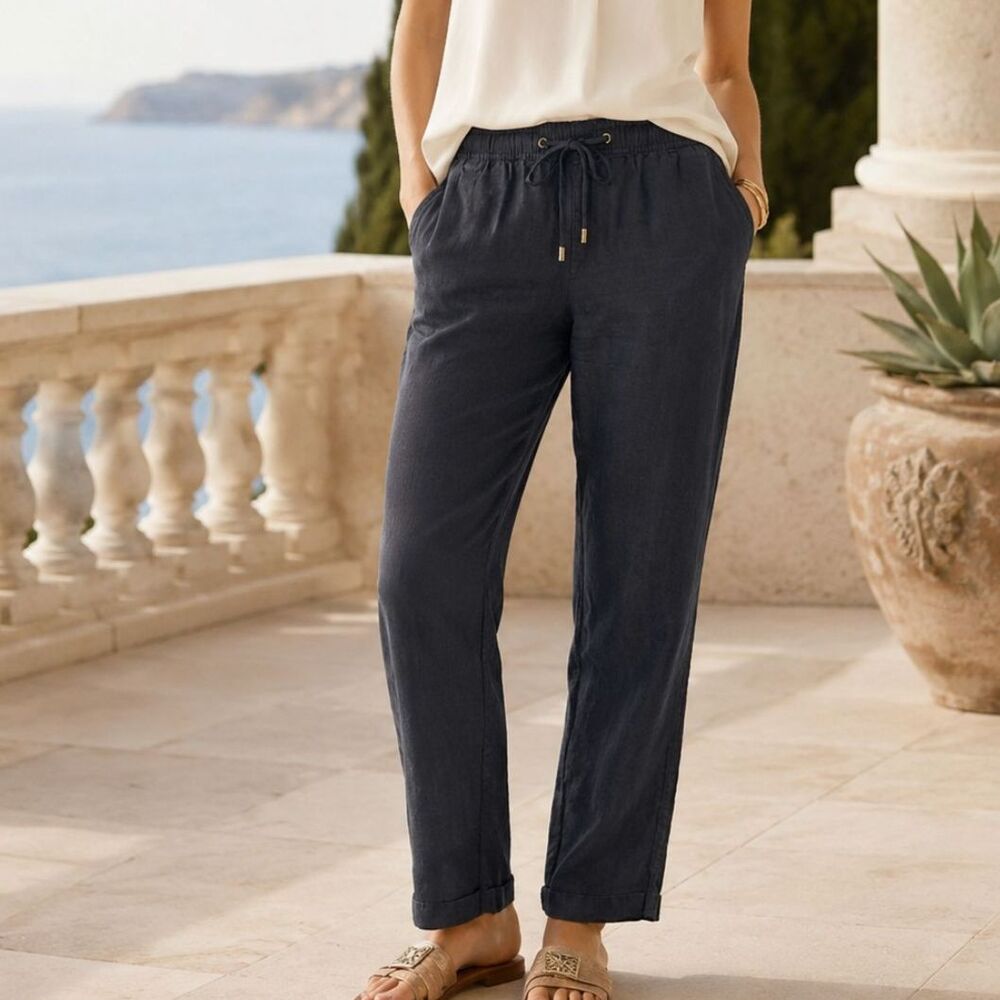 Lilly Pulitzer Taron Linen Pant Black Wide Leg Beach Chic Relaxed Fit Size Large